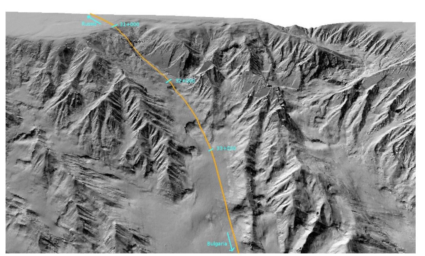 TCO pipeline — 3D hillshade terrain with route overlay